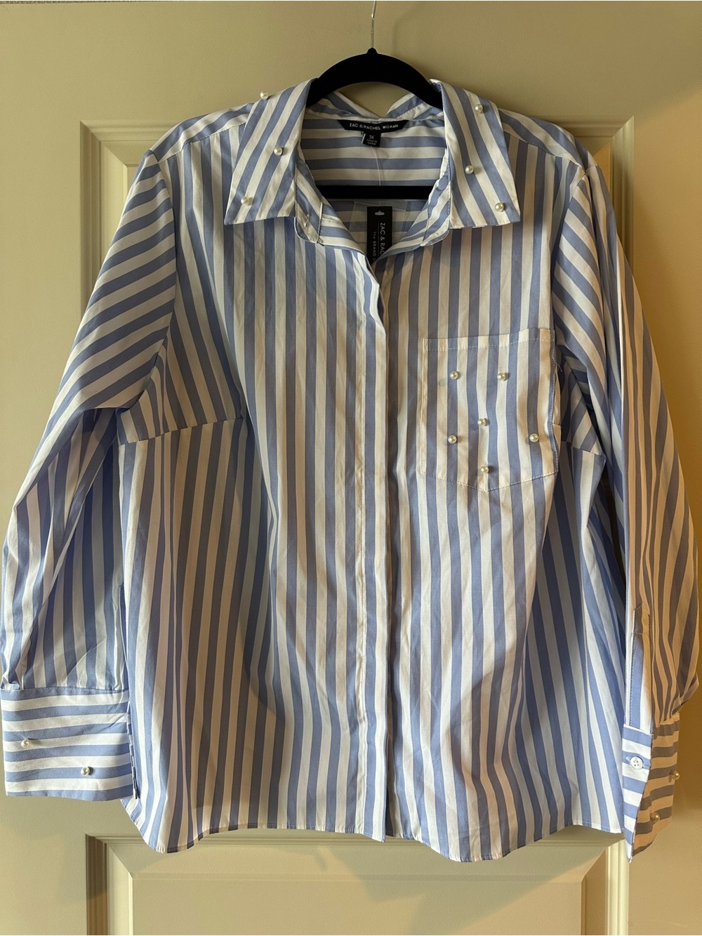 Zac & Rachel Women Blue and White Striped Pearl Button-Up Shirt